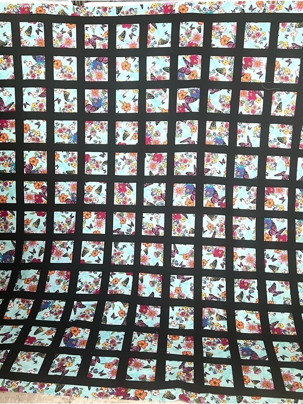 Floral Black & Blue Quilt TOP